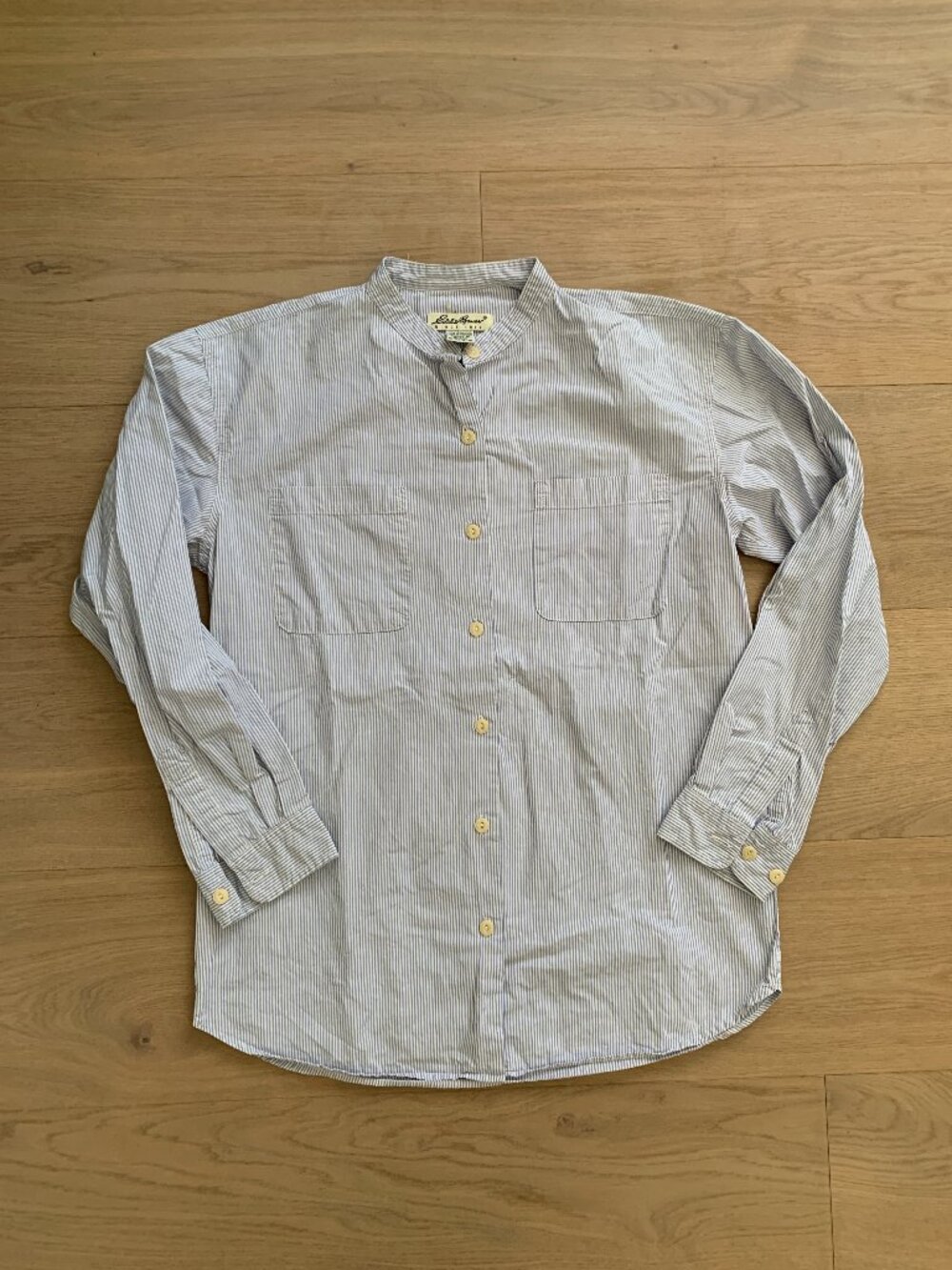 Vintage Collarless Button Up Shirt Women’s Small Blue White Stripe Coastal Style - Picture 3 of 8